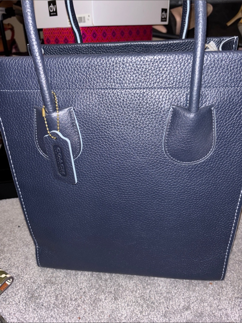 Coach Navy Pebbled Leather Tote with Tag